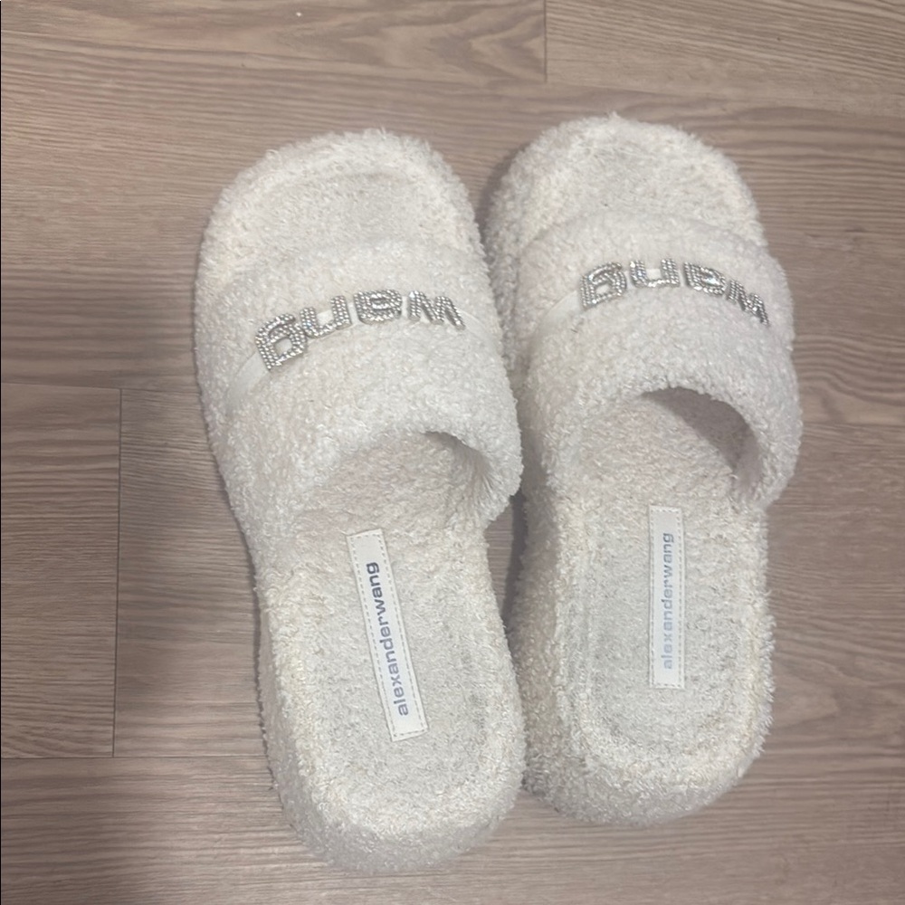 Alexander Wang White Fuzzy Slippers